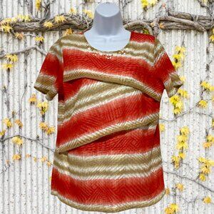 Alfred Dunner-Women's Small Pullover Top Short Sleeve Beaded Neck Light Weight